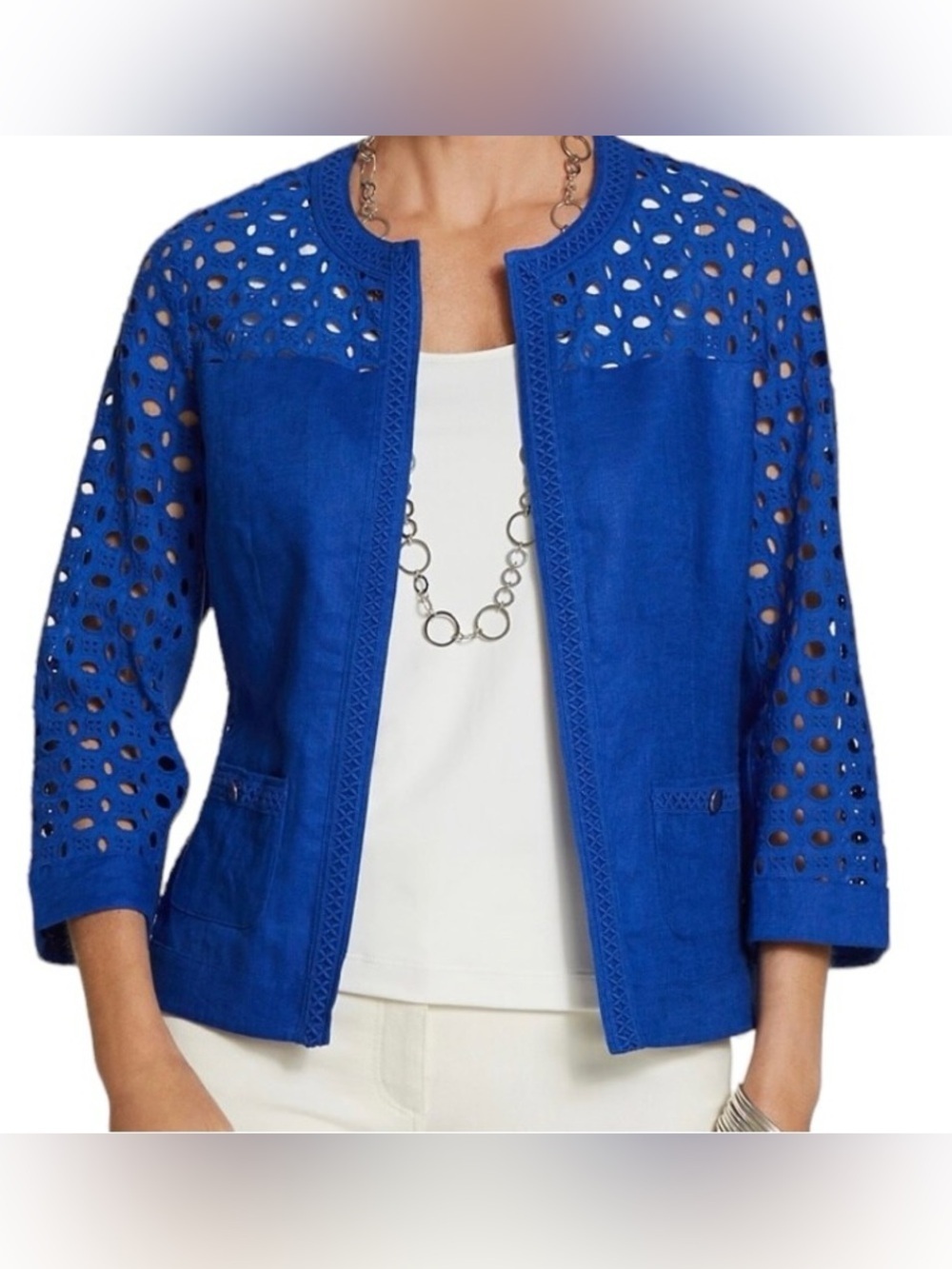 Chico's Royal Blue Linen Eyelet Mix Open Front Jacket Size 0 (Small) Business